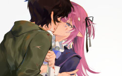 1boy 1girl absurdres ahoge black_hair camila_(vtuber) clothes_pull couple faceless faceless_male facial_mark green_hoodie heart heart_facial_mark hetero highres hood hoodie indie_virtual_youtuber kiss long_hair multicolored_hair pink_hair pointy_ears pulling_another&#039;s_clothes purple_eyes sorenftt streaked_hair two_side_up upper_body vedal987 vedal_ai virtual_youtuber white_hair