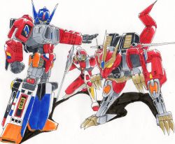 Rule 34 | 3boys, armor, clenched hands, denkou choujin gridman, dragon, dyna dragon, god zenon, gridman (character), helios (divisar), highres, humanoid robot, legs apart, male focus, mecha, multiple boys, orange eyes, robot, standing, tokusatsu, yellow eyes