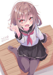 1girl absurdres arm_support artist_logo black_sailor_collar black_skirt brown_hair fang from_above hair_ornament hairclip highres hizaka ikazuchi_(kancolle) kantai_collection logo long_sleeves neckerchief one-hour_drawing_challenge pantyhose pleated_skirt purple_pantyhose red_eyes red_neckerchief sailor_collar school_uniform serafuku shirt skin_fang skirt smile solo v white_background white_shirt