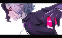 1boy amethio_(pokemon) bright_pupils closed_mouth collared_shirt commentary_request copituji from_side gloves grey_shirt hand_up highres holding holding_poke_ball letterboxed male_focus multicolored_hair nintendo poke_ball poke_ball_(basic) pokemon pokemon_(anime) pokemon_horizons purple_eyes shirt short_hair simple_background solo two-tone_hair upper_body white_background