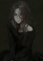 Rule 34 | 1girl, black dress, blood, blood on face, blood on neck, commentary, dress, earrings, english commentary, grey eyes, hair between eyes, hands on lap, highres, jewelry, jiz (pffbq), long hair, long sleeves, necklace, original, pale skin, parted hair, parted lips, single bare shoulder, sitting, solo