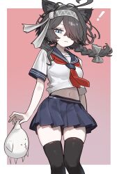 ! 1girl :&lt; animal_ears black_hair black_thighhighs blue_eyes blue_sailor_collar blue_skirt border braid breasts cat_ears closed_mouth crossed_bangs ebora feet_out_of_frame floating_hair hair_ribbon headband highres holding kasli_(nyanko_daisensou) long_hair looking_at_viewer medium_breasts midriff_peek miniskirt navel neckerchief nyanko_daisensou one_eye_covered pale_skin pink_background pleated_skirt red_neckerchief ribbon sailor_collar school_uniform serafuku shirt short_sleeves side_braid simple_background skirt solo stuffed_animal stuffed_toy thigh_gap thighhighs very_long_hair white_border white_shirt wind zettai_ryouiki