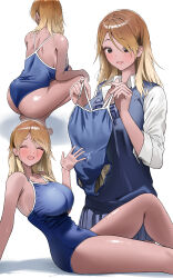 Rule 34 | 1girl, ^ ^, absurdres, ass, blonde hair, blue bow, blue bowtie, blue one-piece swimsuit, blue sweater vest, blush, bow, bowtie, breasts, brown hair, closed eyes, commentary, dark-skinned female, dark skin, earrings, gradient hair, gyaru, highres, holding, holding swimsuit, holding unworn clothes, idolmaster, idolmaster shiny colors, izumi mei, jewelry, knee up, kogal, large breasts, loose bowtie, medium hair, multicolored hair, multiple views, one-piece swimsuit, pdal (pdalhhh), school swimsuit, school uniform, shirt, simple background, sitting, smile, squatting, sweater vest, swimsuit, unworn swimsuit, white background, white shirt