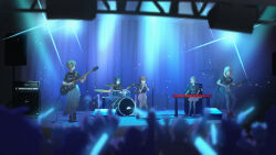 5girls ahoge awa_subaru bass_guitar black_hair black_shirt blue_pants brown_eyes brown_hair commentary drum drum_set ebizuka_tomo electric_guitar english_commentary girls_band_cry grey_hair guitar hair_between_eyes highres instrument iseri_nina kawaragi_momoka keyboard_(instrument) light_particles long_hair long_hair_between_eyes multiple_girls open_mouth pants parted_bangs penis rupa_(girls_band_cry) shirt short_hair short_sleeves shorts sidelocks skirt summer_left togenashi_togeari white_shorts white_skirt