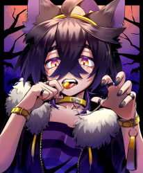 1boy absurdres ahoge alternate_costume animal_ears bare_tree black_hair candy chain collar commentary_request creatures_(company) crossed_bangs food game_freak gen_1_pokemon hair_between_eyes hairband highres holding jewelry kieran_(pokemon) kyouka._(kyouka) lollipop looking_at_viewer male_focus mole mole_on_neck nail_polish night nintendo open_mouth outdoors pokemon pokemon_sv purple_shirt ring shirt silhouette solo striped_clothes striped_shirt teeth tongue tree upper_body yellow_eyes yellow_hairband zubat