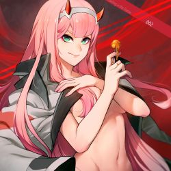 Rule 34 | 10s, 1girl, absurdres, aqua eyes, breasts, candy, character name, cleavage, copyright name, darling in the franxx, food, green eyes, highres, horns, jacket, jacket on shoulders, lollipop, long hair, medium breasts, navel, patipat asavasena, pink hair, red horns, very long hair, zero two (darling in the franxx)