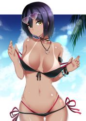 1girl bikini black_bikini blue_hair blue_sky blush bracelet breasts closed_mouth cowboy_shot day eyewear_on_head female_focus heart heart-shaped_eyewear heart_necklace jewelry kaname_nagi large_breasts looking_at_viewer mole mole_under_eye navel necklace nijisanji outdoors palm_tree shizuka_rin short_hair sky smile solo sunglasses sweat swimsuit tan tanline tree undressing virtual_youtuber yellow_eyes