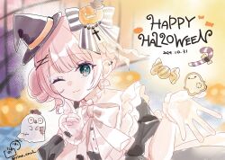1girl ;) black_shirt blue_eyes blurry blurry_background bow candy candy_cane candy_wrapper closed_mouth commentary_request dated depth_of_field food gloves hair_bun halloween hands_up happy_halloween hat highres index_finger_raised jack-o&#039;-lantern looking_at_viewer mini_hat mini_witch_hat one_eye_closed original pink_hair puffy_short_sleeves puffy_sleeves rino_cnc shirt short_sleeves single_side_bun smile solo striped_bow tilted_headwear twitter_username white_bow white_gloves witch_hat