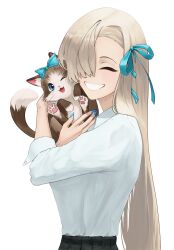 1girl animal animal_hug aqwariate asuna_(blue_archive) asuna_(school_uniform)_(blue_archive) asymmetrical_bangs black_skirt blonde_hair blue_archive blue_bow blue_nails blue_ribbon bow cat closed_eyes collared_shirt commentary fingernails grin hair_over_one_eye hair_ribbon hands_up happy highres holding holding_animal holding_cat long_bangs long_hair long_sleeves nail_polish official_alternate_costume one_eye_covered pet pleated_skirt ribbon shirt simple_background skirt smile solo upper_body very_long_hair white_background white_shirt