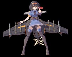 absurdres aircraft airplane black_background black_hair boots clothes_lift ddt_(darktrident) fighter_jet high_heel_boots high_heels highres mecha_musume military_vehicle necktie original rocket shorts shorts_under_skirt skirt skirt_lift thigh_boots yellow_eyes