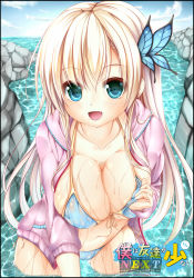 10s 1girl bikini blonde_hair blue_bikini blue_eyes boku_wa_tomodachi_ga_sukunai breasts bug butterfly butterfly_hair_ornament cleavage fang female_focus hair_ornament halterneck highres hood hoodie insect kashiwazaki_sena large_breasts long_hair open_clothes open_hoodie parka rinsu solo string_bikini swimsuit wet