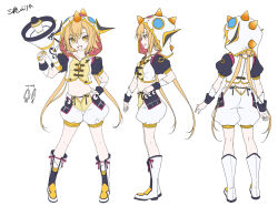 Rule 34 | :d, arm at side, arms at sides, asymmetrical bangs, black sleeves, blonde hair, boots, reference sheet, clapperboard, clenched teeth, crop top, flat color, from side, full body, grin, hand on own hip, hand up, holding, holding megaphone, hood, hood up, knee boots, legs apart, long hair, looking at viewer, low twintails, magia record: mahou shoujo madoka magica gaiden, mahou shoujo madoka magica, megaphone, midriff, mihono seira, miyama-zero, multicolored footwear, multiple views, navel, official art, open mouth, profile, puffy short sleeves, puffy shorts, puffy sleeves, shirt, short sleeves, shorts, simple background, smile, spiked hood, teeth, twintails, very long hair, white background, white shorts, wrist cuffs, yellow eyes, yellow shirt