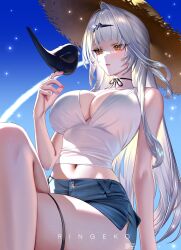 1girl absurdres alternate_costume artist_name bird bird_on_hand blue_sky breasts cleavage commentary crossed_legs hair_ornament hairclip hat highres large_breasts long_hair midriff navel neck_ribbon ribbon ringeko-chan sitting sky solo straw_hat tank_top thigh_strap thighs very_long_hair white_hair white_tank_top yellow_eyes yi_xuan_(zenless_zone_zero) zenless_zone_zero