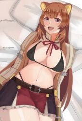 1girl :d absurdres adapted_costume animal_ears artist_name belt bilingual_commentary black_bra black_panties black_skirt blunt_bangs bra breasts brown_belt brown_hair cleavage commentary cowboy_shot eclyart english_commentary eyelashes highleg highleg_panties highres huge_breasts layered_skirt long_hair long_sleeves looking_at_viewer lying metal_arm_cuffs metal_wrist_cuffs miniskirt mixed-language_commentary navel neck_ribbon on_back open_mouth panties pink_eyes raccoon_ears raccoon_girl raphtalia red_ribbon red_skirt ribbon shrug_(clothing) skirt smile solo stomach tate_no_yuusha_no_nariagari teeth thick_thighs thighs twitter_username underwear upper_teeth_only variant_set white_shrug white_skirt white_sleeves