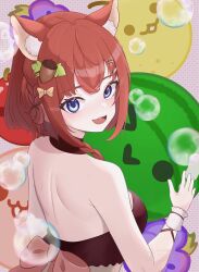 1girl absurdres ahiru_(vtuber) animal_ears bikini blush bow braid breasts cherry fangs food fruit futatunoniji grapes hair_between_eyes hair_bow hair_ornament hairclip highres indie_virtual_youtuber long_hair looking_at_viewer looking_back medium_breasts open_mouth peach pear red_bikini red_hair solo squirrel_ears squirrel_girl squirrel_tail suika_game swimsuit tail twin_braids virtual_youtuber watermelon wristband