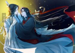 Rule 34 | 2boys, ahoge, artist name, bishounen, black hair, black hanfu, chinese clothes, closed mouth, couple, eye contact, fireflies, floating clothes, floating hair, glowing, hair down, hair ribbon, half-closed eyes, half updo, hanfu, headband, holding, holding another&#039;s wrist, holding ribbon, hug, lan wangji, light particles, long hair, long sleeves, looking at another, male focus, modao zushi, multiple boys, night, official alternate hairstyle, parted lips, red eyes, red ribbon, ribbon, robe, smile, standing, topknot, tou tou23, upper body, very long hair, watermark, wei wuxian, wei wuxian (yiling laozu), white hanfu, white headband, wide sleeves, xiao guan (headdress), yaoi, yellow eyes
