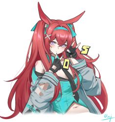 1girl absurdres animal_ears aqua_hairband aqua_nails aqua_vest arknights bare_shoulders black_gloves black_necktie blush breasts closed_mouth cropped_torso detached_collar double_v facial_mark fingerless_gloves gloves grey_jacket hair_ornament hairband hands_up highres jacket lightning_bolt_symbol long_hair long_sleeves looking_at_viewer medium_breasts nail_polish navel necktie official_alternate_costume open_clothes open_jacket purple_eyes rabbit_ears rabbit_girl ray_(arknights) ray_(dreaming_high)_(arknights) red_hair sign simple_background solo torn_clothes torn_sleeves two_side_up unique_(pixiv12704744) upper_body v very_long_hair white_background x_hair_ornament
