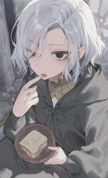 Rule 34 | 1boy, absurdres, bags under eyes, black eyes, bowl, dungeon meshi, elf, food, from above, gorget, grey hair, highres, holding, holding bowl, lazy eye, looking at viewer, male focus, maratang, mithrun, notched ear, pointy ears, robe, sandwich, short hair, solo, tongue, tongue out, uneven eyes, wavy hair