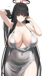 1girl absurdres alternate_costume areola_slip arm_behind_head armpits artist_name black_hair blue_archive blunt_bangs breasts bright_pupils collarbone commentary covered_erect_nipples covered_navel dress evening_gown grey_dress hair_ornament hairclip halo highres huge_breasts ilsksh long_hair looking_at_viewer presenting_armpit red_eyes ringed_eyes rio_(blue_archive) simple_background sleeveless sleeveless_dress solo straight_hair thighs very_long_hair white_background white_pupils