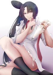 1girl absurdres black_hair black_socks breasts ccqcnb commentary_request cream cream_on_face cream_on_leg facial_mark fate/grand_order fate_(series) food food_on_face hair_bun highres id_(fate/grand_order) jacket long_hair looking_at_viewer multicolored_eyes necktie open_clothes open_shirt parted_bangs pseudo-tokyo_school_uniform red_necktie school_uniform shirt side_ponytail simple_background single_side_bun smile socks solo taira_no_kagekiyo_(fate) tongue tongue_out ushiwakamaru_(fate) white_shirt