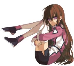 Rule 34 | 1girl, black boots, black skirt, boots, breasts, brown hair, commentary request, from side, genderswap, genderswap (mtf), gundam, gundam seed, hair between eyes, highres, hugging own legs, jacket, kira yamato, large breasts, legs up, long hair, long sleeves, looking at viewer, military uniform, parted lips, pink jacket, purple eyes, seed0x0, simple background, sitting, skirt, solo, thighhighs, very long hair, white background, white thighhighs, zettai ryouiki
