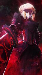 1girl absurdres armor artoria_pendragon_(fate) black_armor black_mask blonde_hair commentary corruption dark_background english_commentary excalibur_morgan_(fate) expressionless eye_mask fate/stay_night fate_(series) heaven&#039;s_feel highres holding holding_sword holding_weapon looking_at_viewer medium_hair ramune_otubu saber_alter solo sword weapon yellow_eyes