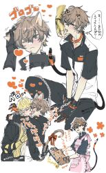 Rule 34 | 2boys, :&lt;, absurdres, alban knox, alban knox (1st costume), animal collar, antenna hair, apron, ask7co, asymmetrical gloves, black jacket, black pants, black shirt, blonde hair, brown hair, cable, cable tail, cat boy, chain, collar, cookie, crossed bangs, earrings, finger in another&#039;s mouth, fingerless gloves, food, frilled apron, frills, gloves, grabbing another&#039;s tail, green eyes, grey eyes, hair between eyes, heart, heterochromia, hickey, highres, hug, jacket, jewelry, light blush, male focus, mechanical tail, mismatched gloves, multicolored gloves, multiple boys, nijisanji, nijisanji en, one eye closed, orange gloves, pants, petting, shirt, single fingerless glove, sitting, sonny brisko, sonny brisko (1st costume), spoken heart, tail, tongue, tongue out, translation request, two-tone gloves, watermark, white shirt, yaoi, yellow gloves, yellow shirt
