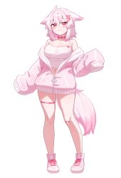 1girl :3 absurdres ahoge animal_ears bandaid bandaid_on_knee bandaid_on_leg bare_shoulders blush breasts choker cleavage closed_mouth collarbone fangs floppy_ears full_body highres hood hoodie large_breasts looking_at_viewer medium_hair multicolored_hair navel original pink_bandaid pink_eyes pink_hair pink_hoodie pink_shoes shoes simple_background skin_fangs sleeves_past_fingers sleeves_past_wrists smile solo standing stomach streaked_hair tail tank_top thigh_strap thighs verdey very_long_sleeves white_background white_tank_top wolf_ears wolf_girl wolf_tail