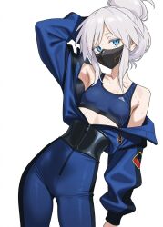 1girl beruka_(beruyon) bodysuit deux_murasame gundam gundam_gquuuuuux hair_bun highres mask skin_tight sweat sweatdrop tagme