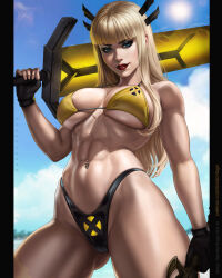 1girl abs bikini black_bikini black_eyeshadow black_gloves blonde_hair blue_eyes breasts cameltoe cloud dandon_fuga dual_wielding eyeshadow gloves highleg highleg_bikini highres holding holding_sword holding_weapon huge_weapon itch.io_username large_breasts long_hair looking_at_viewer magik_(x-men) makeup marvel navel navel_piercing parted_lips patreon_username piercing red_lips sky solo swimsuit sword toned toned_female weapon x-men yellow_bikini