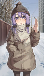 1girl :o absurdres beanie day gukr4322 hand_in_pocket hat highres jacket looking_at_viewer outdoors pom_pom_(clothes) pom_pom_beanie purple_eyes purple_hair scarf snow solo voiceroid waving winter yuzuki_yukari
