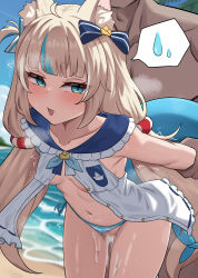 1boy 1girl ahoge animal_ears beach bikini black_bow blonde_hair blue_eyes blue_hair blue_sky blush bow censored collarbone commentary_request cum cum_in_pussy cum_on_body cum_on_legs ejaculation hair_bow hashira_14 hetero highres indie_virtual_youtuber long_hair mosaic_censoring multicolored_hair navel outdoors sameko_saba sex sex_from_behind sky solo_focus spoken_sweatdrop standing stomach streaked_hair striped_bikini striped_clothes sweatdrop swimsuit thighs variant_set virtual_youtuber water