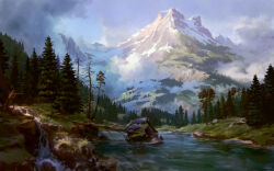 absurdres blue_sky cloud cloudy_sky commentary day english_commentary forest grass highres mountain nature no_humans original outdoors philipp_urlich river rock scenery sky tree