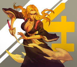 Rule 34 | 1girl, absurdres, black kimono, bleach, blue eyes, breasts, cleavage, collarbone, feet out of frame, floating hair, forehead, grey background, haineko (shikai), hieumay, highres, holding, holding sword, holding weapon, japanese clothes, jewelry, katana, kimono, large breasts, lips, long hair, looking to the side, matsumoto rangiku, mole, mole under mouth, necklace, nose, number background, open hand, orange hair, orange theme, parted bangs, parted hair, pink shawl, sash, shawl, shihakusho, shikai, shinigami, simple background, three-quarter sleeves, smoke, solo, sword, weapon, white sleeves, wide sleeves, zanpakutou