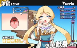 1girl absurdres blonde_hair blue_eyes crescent crescent_necklace dress fantasy_life fellatio_gesture highres jewelry kurushima_gire necklace speech_bubble twintails white_dress yuelia_(fantasy_life)