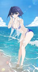 1girl absurdres barefoot beach bending bikini blue_bikini blue_eyes blue_hair blue_nails blue_sky breasts cleavage cloud collarbone collared_shirt commentary earrings english_commentary fingernails full_body hair_intakes hand_on_own_thigh hand_up highres hololive hololive_english horizon jewelry large_breasts long_sleeves looking_at_viewer nail_polish ocean open_mouth ouro_kronii partially_submerged quence_w scallop see-through_clothes see-through_shirt shirt short_hair sky sleeves_past_wrists starfish surf swimsuit toenail_polish toenails virtual_youtuber