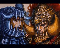 2024 2boys @_(symbol) armor artist_name berserk black_border black_sclera border braid breastplate colored_sclera commentary crossover dated dragon elden_ring english_commentary fake_horns gold_armor gorget grunbeld_(berserk) helm helmet highres horned_helmet horns long_hair looking_to_the_side maya_panda multiple_boys ornate_armor red_hair shoulder_armor silver_armor starscourge_radahn twin_braids yellow_eyes