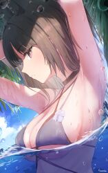 Rule 34 | 1girl, absurdres, animal ear fluff, animal ears, armpits, bikini, black choker, black hair, blue archive, blue bikini, breasts, choker, commentary request, criss-cross halter, halterneck, highres, kikyou (blue archive), kikyou (swimsuit) (blue archive), large breasts, looking at viewer, official alternate costume, partially submerged, red eyes, sideboob, solo, swimsuit, tokcha, underboob, wet