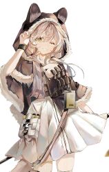 1girl ;) absurdres adjusting_hair animal_ear_fluff animal_ear_hood arknights belt belt_pouch black_belt black_jacket cowboy_shot dress fake_animal_ears fur-trimmed_hood fur-trimmed_jacket fur_trim grey_hair hair_between_eyes hair_tie hand_up hashtag-only_commentary highres honeyberry_(arknights) hood hooded_jacket id_card infection_monitor_(arknights) jacket lanyard long_hair looking_at_viewer low_twintails miyabi_(inarizushi) one_eye_closed possum_ears pouch smile solo teeth thighhighs twintails white_background white_dress white_thighhighs yellow_eyes zettai_ryouiki