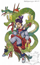 1boy absurdres black_hair blue_socks collarbone dated gloves grey_jacket grey_shoes grey_shorts highres hydrapple jacket kieran_(pokemon) male_focus mole mole_on_neck multicolored_hair nintendo off_shoulder oyasuminjyutsu pokemon pokemon_(creature) pokemon_sv purple_hair red_gloves red_shirt shirt shoes shorts signature single_glove sleeveless sleeveless_shirt socks teeth twitter_username two-tone_hair watermark yellow_eyes