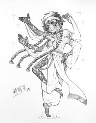1boy absurdres alternate_costume alternate_hairstyle arm_tattoo arms_up baggy_pants bandana braid chest_tattoo chibi clothing_cutout earrings extra_arms extra_eyes finger_tattoo forehead_tattoo full_body hand_on_own_hip harem_outfit highres hojicha jewelry long_hair looking_at_viewer male_focus multiple_eyes one_eye_closed pants pelvic_curtain shirtless_male shiva_(shuumatsu_no_valkyrie) shuumatsu_no_valkyrie side_cutout smile solo sparkle standing standing_on_one_leg tassel tattoo teeth third_eye topless_male very_long_hair wink