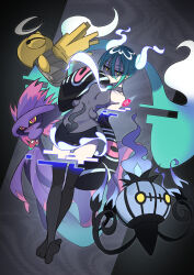 1girl absurdres aqua_hair black_bodysuit bodysuit breasts chandelure covering_own_mouth full_body gen_3_pokemon gen_4_pokemon gen_5_pokemon ghost_miku_(project_voltage) glitch grey_shirt hand_up hatsune_miku highres hitodama hymgkamui long_hair looking_at_viewer mismagius nintendo no_shoes pale_skin pokemon pokemon_(creature) project_voltage shaded_face shedinja shirt sleeveless sleeveless_shirt small_breasts twintails very_long_hair vocaloid yellow_eyes