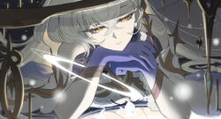 1girl bare_shoulders bright_pupils closed_mouth colored_extremities comcom_(comcomhey) commentary detached_sleeves dress english_commentary genshin_impact gold hair_between_eyes hair_ornament halo highres istaroth_(genshin_impact) jewelry long_hair lying on_floor on_stomach purple_hands star_(symbol) very_long_hair white_dress white_hair white_pupils yellow_eyes