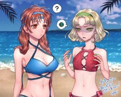 2girls beach bikini breast_envy breasts cleavage closed_mouth gensou_suikoden gensou_suikoden_ii large_breasts long_hair multiple_girls nail_polish navel nina_(suikoden) ocean red_hair sakai_(motomei) short_hair small_breasts swimsuit tengaar_(suikoden)