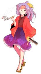 1girl alphes_(style) dairi folded_fan folding_fan full_body geta hand_fan holding holding_fan holding_smoking_pipe japanese_clothes kimono kiseru komakusa_sannyo long_hair looking_at_viewer open_mouth parody purple_hair purple_skirt red_eyes red_kimono red_robe ribbon robe skirt smoke smoking_pipe solo standing style_parody tachi-e tobacco touhou transparent_background yellow_ribbon