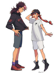 1boy 1girl alternate_costume aqua_eyes baseball_cap black_footwear black_headwear black_shirt brown_footwear brown_hair casual flat_chest full_body guel_jeturk gundam gundam_suisei_no_majo hair_between_eyes hand_on_own_head hat highres long_hair long_sleeves mole mole_under_eye mullet multi-tied_hair multicolored_hair open_mouth pink_hair print_shirt red_hair shirt short_hair_with_long_locks short_sleeves shorts smile suletta_mercury t-shirt two-tone_hair wakaya_hana white_background white_shirt white_shorts