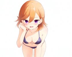 adversarial_noise bikini blush breasts hair_between_eyes hand_on_own_face highres hitorilily leaning_forward looking_at_viewer love_live! love_live!_superstar!! medium_breasts medium_hair midriff open_mouth orange_hair purple_bikini purple_eyes shibuya_kanon simple_background swimsuit thigh_gap thighs white_background