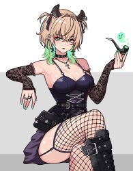 1girl absurdres animal_ears bare_shoulders black_boots black_dress blonde_hair boots breasts cleavage cowboy_shot dress fishnet_thighhighs fishnets garter_straps ginotty goth_fashion green_eyes green_hair highres holding holding_smoking_pipe indie_virtual_youtuber large_breasts medium_hair missing_commentary multicolored_hair nimi_nightmare sitting smoking_pipe solo thighhighs two-tone_hair virtual_youtuber