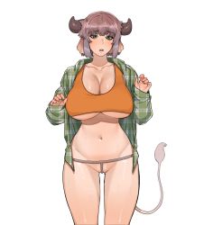 1girl 6no1 absurdres breasts brown_hair cleavage commentary copyright_request crop_top dress_shirt green_eyes green_shirt hands_up highres horns huge_breasts legs_apart long_sleeves looking_at_viewer navel no_pants open_clothes open_mouth open_shirt orange_shirt plaid_clothes plaid_shirt shirt simple_background sleeves_past_wrists solo standing sweat tail teeth thong underboob upper_teeth_only white_background