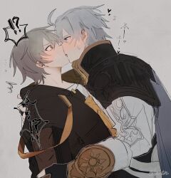 Rule 34 | !?, 2boys, ahoge, armor, artist name, black coat, black gloves, blue eyes, blush, caelus (honkai: star rail), cape, coat, commentary request, fingerless gloves, french kiss, gloves, grey background, grey cape, grey hair, hair between eyes, heart, highres, honkai: star rail, honkai (series), hood, hooded coat, hug, jacket, kiss, long sleeves, looking at another, lvohtn, male focus, multiple boys, open clothes, open coat, open mouth, phainon (honkai: star rail), polka dot, polka dot background, puffy long sleeves, puffy sleeves, shirt, short hair, shoulder armor, sun symbol, surprise kiss, surprised, sweatdrop, t-shirt, tongue, tongue out, trailblazer (honkai: star rail), upper body, white jacket, white shirt, yaoi, yellow eyes